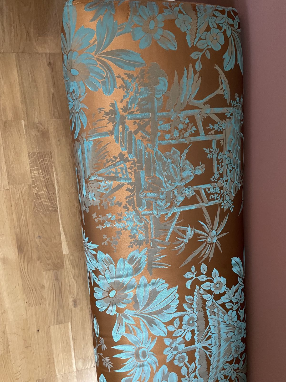 Unique Designer Bench Seat In Gorgeous Oriental Teal & Bronze Silk photo furniture