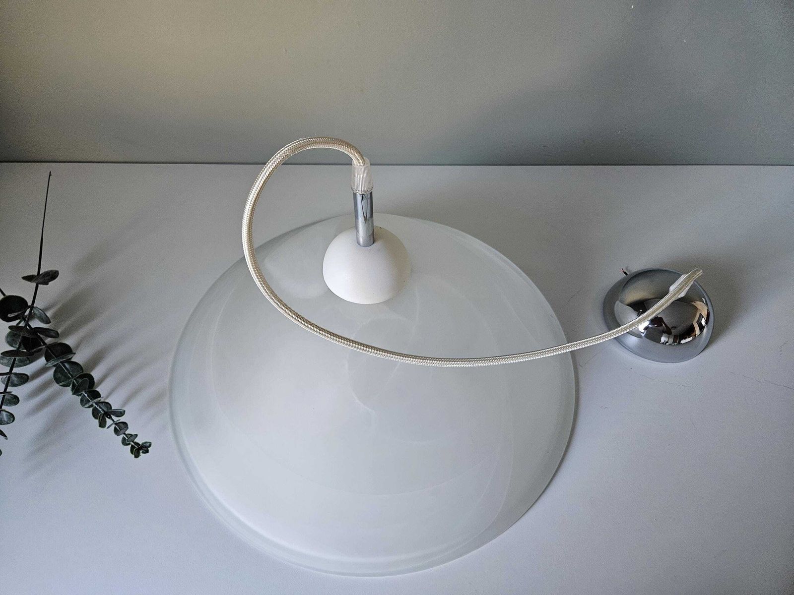 Vintage Murano Glass Pendant Light, Mid Century Ceiling Light, Hanging Lamp, White Mushroom Swirl Murano Light Fixture, Vintage Chandelier photo vinterior