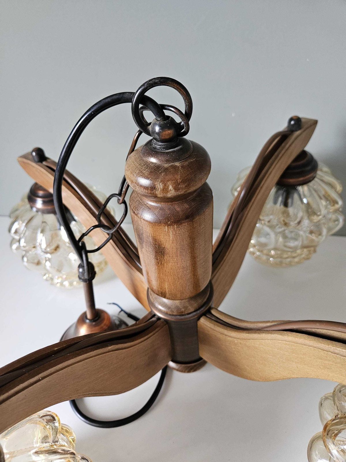 Vintage Chandelier, Wood Glass Copper Lamp, Pendant Light, Mcm Ceiling Lamp, 70s, Wooden Chandelier, Light Fixture, Mid Century Modern photo vinterior