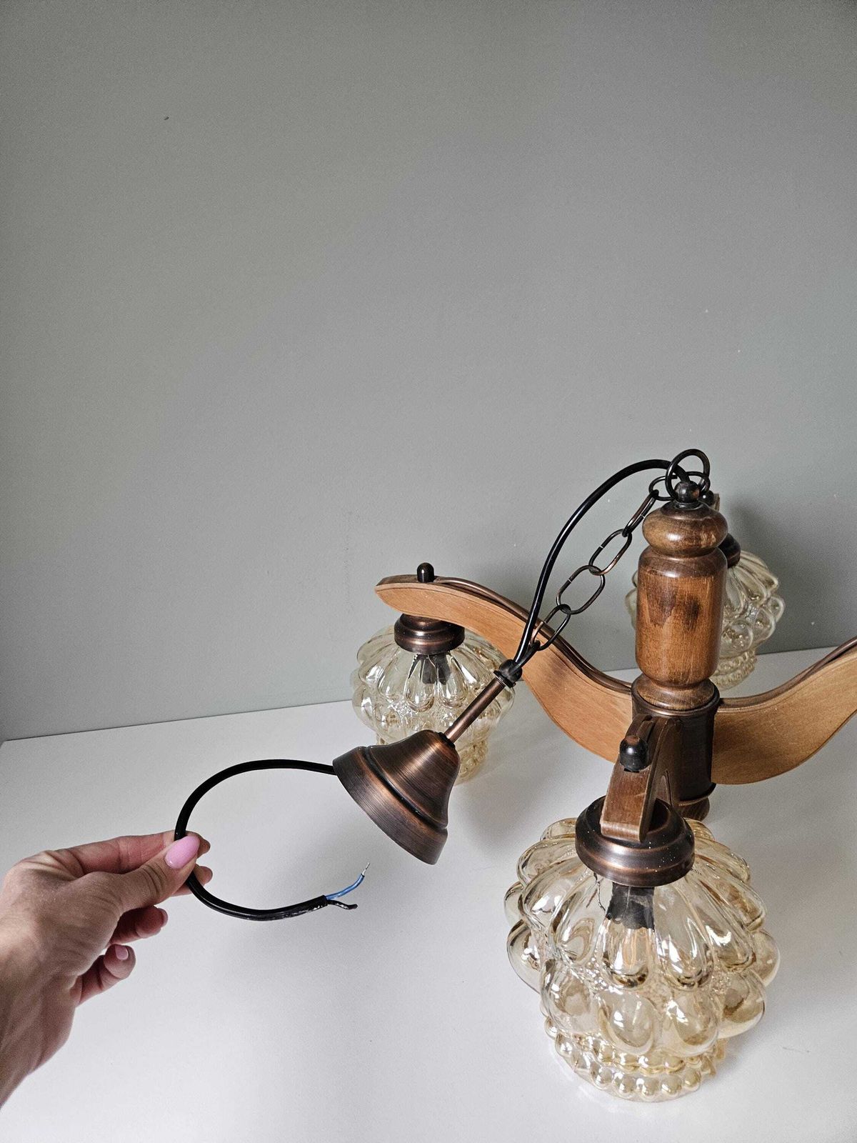 Vintage Chandelier, Wood Glass Copper Lamp, Pendant Light, Mcm Ceiling Lamp, 70s, Wooden Chandelier, Light Fixture, Mid Century Modern photo vintage