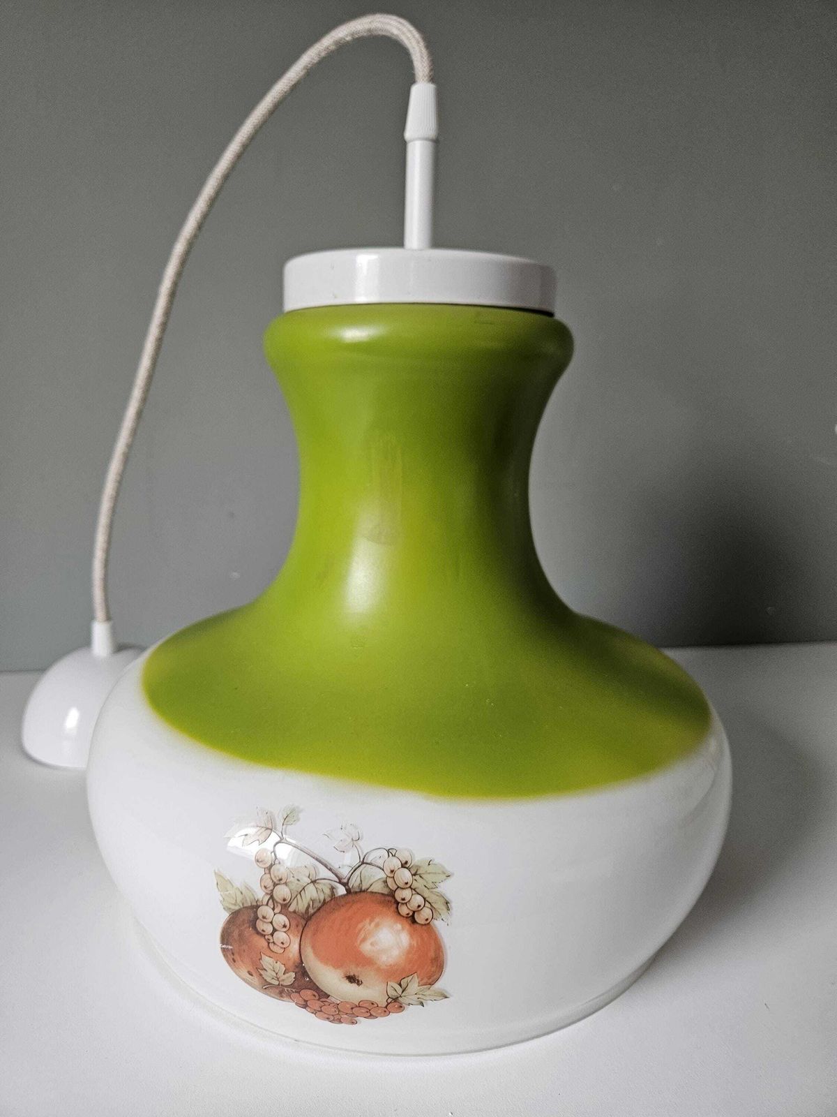 Vintage Farmhouse Pendant Light, Glass Ceiling Lamp, Green Hanging Lamp, 70's Country House Kitchen Lamp, Retro Lighting, Vintage Lighting photo vintage
