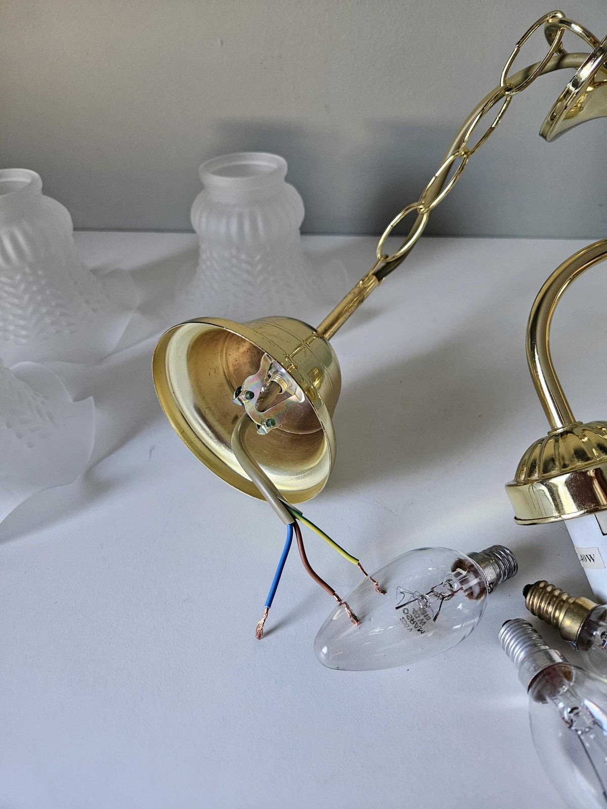 Vintage Chandelier, Brass Chandelier With Frosted Glass Tulip Lampshades, Pendant Lamp, Gold Light Fixture, Hollywood Reegency Style photo vintage