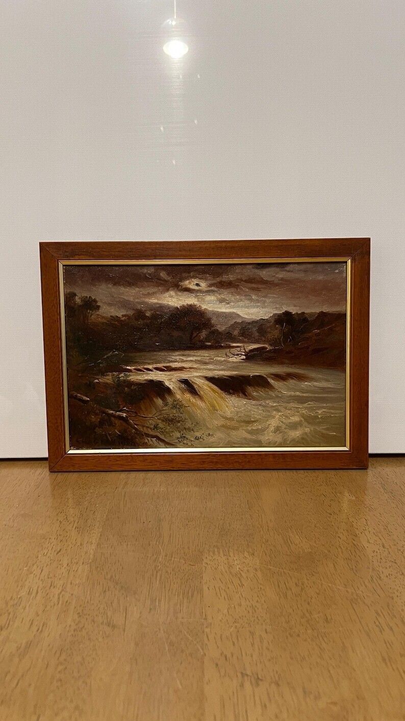 photo for sale 1920 Oil Painting By Charles Wray – Dramatic Landscape With River & Falls