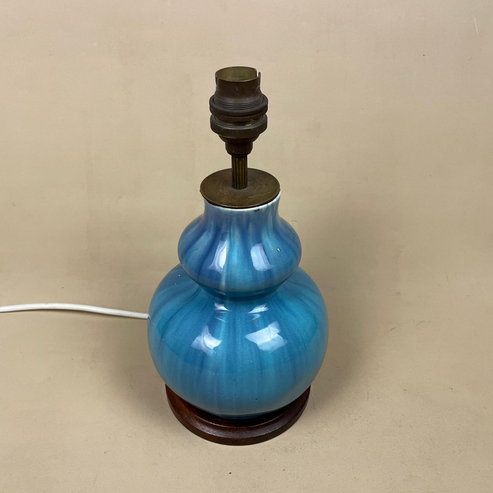 Vintage Ceramic Lamp Light Bedside Table Hand Painted Glaze Design Pattern Vase Blue Antique Brass Gold Trims Medium Wood Base photo furniture