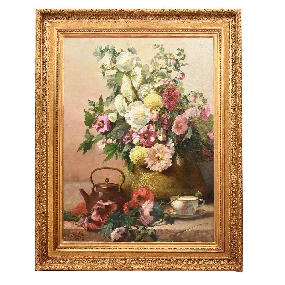 Antique Flower Painting, Mallow And Hibiscus Flowers, Oil On Canvas, Late 19th Century. (Qf648)