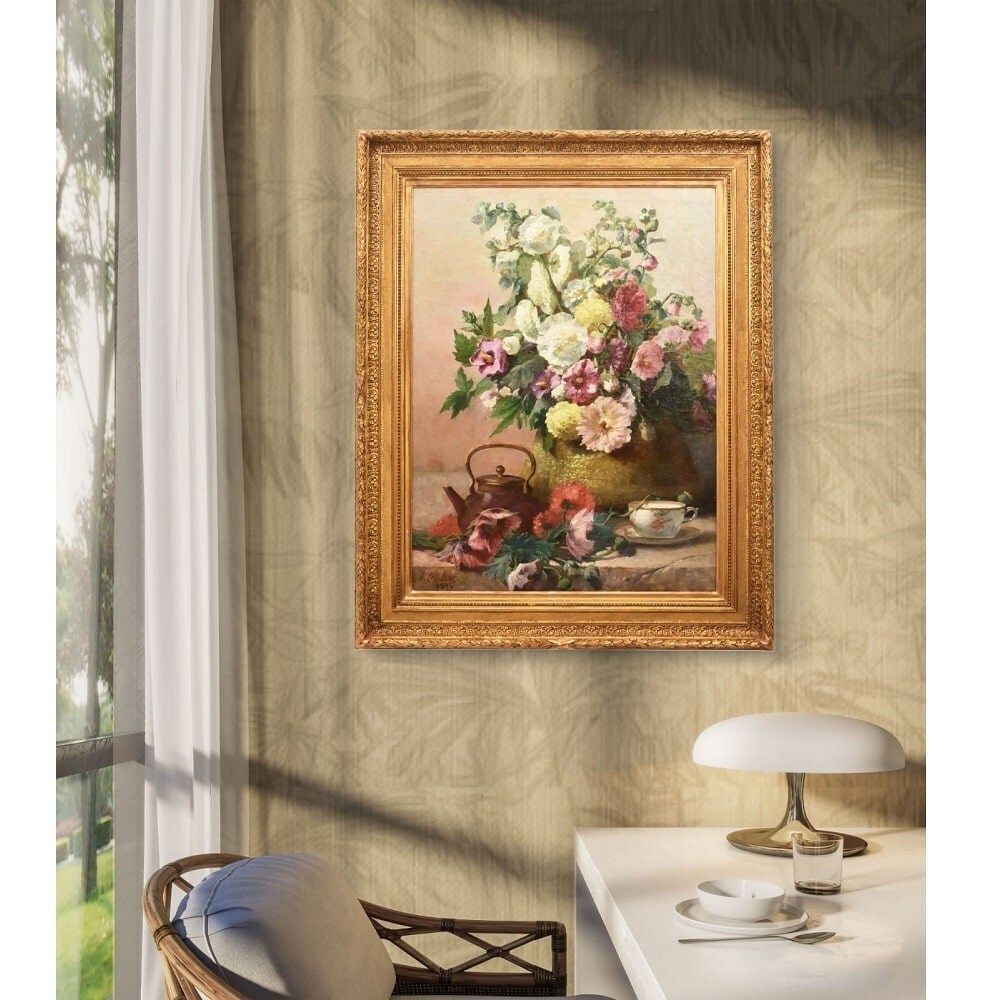 Antique Flower Painting, Mallow And Hibiscus Flowers, Oil On Canvas, Late 19th Century. (Qf648) photo furniture