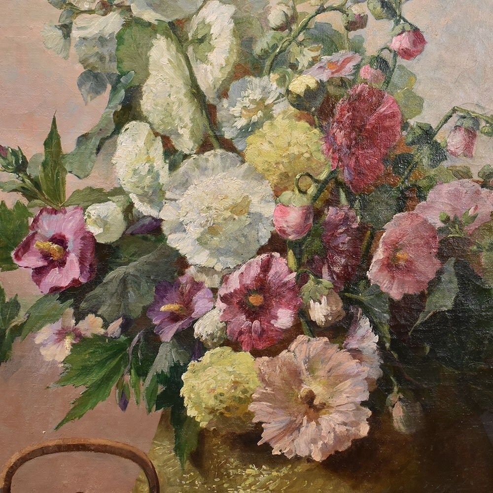 Antique Flower Painting, Mallow And Hibiscus Flowers, Oil On Canvas, Late 19th Century. (Qf648) photo Art
