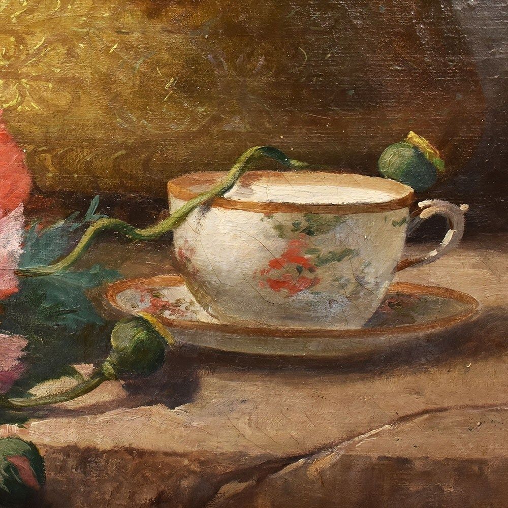 Antique Flower Painting, Mallow And Hibiscus Flowers, Oil On Canvas, Late 19th Century. (Qf648) photo vintage