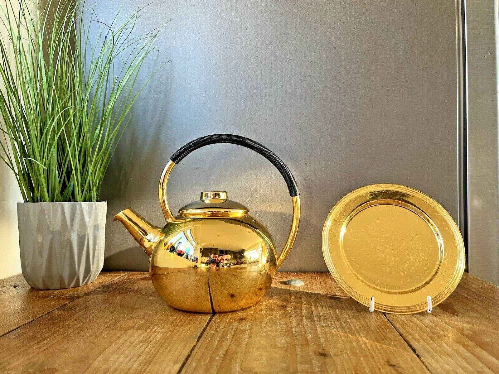 photo vintage Mid Century 60's Art Deco Style Modernist French Inalta Luxe Kettle Woven Handle