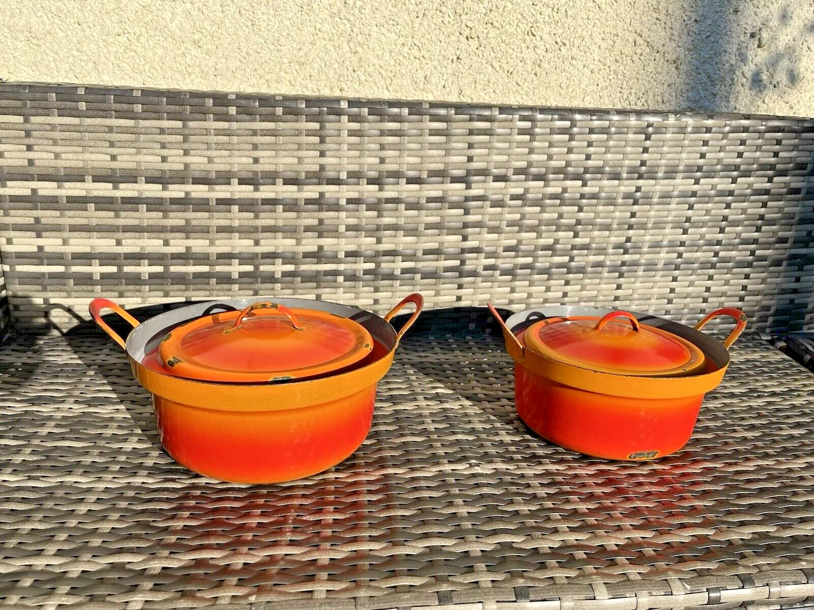 2 Mid Century 60's French Orange Luma Enamel Saucepans Retro Vintage Kitchen 50s photo buy