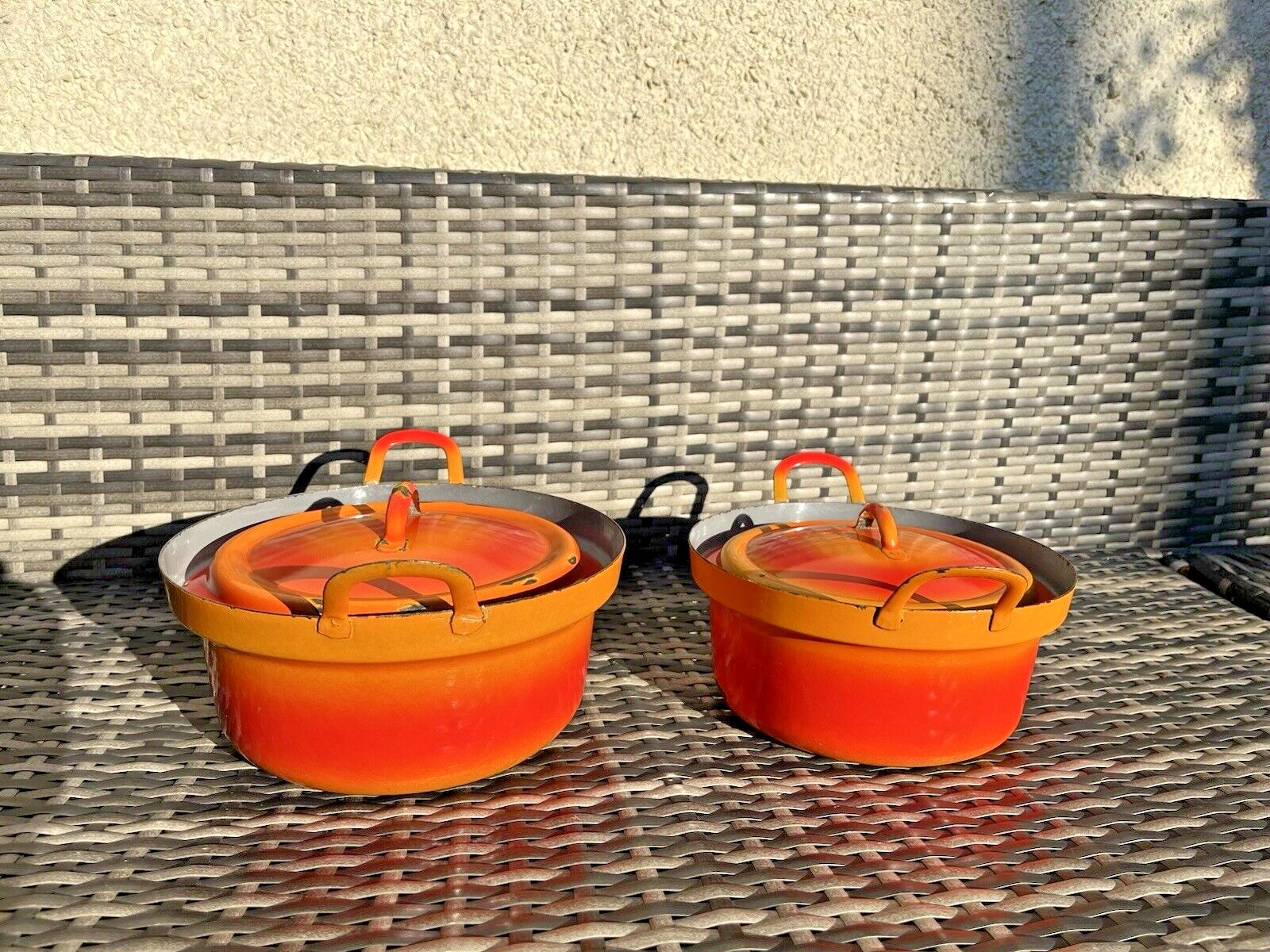 2 Mid Century 60's French Orange Luma Enamel Saucepans Retro Vintage Kitchen 50s photo vintage