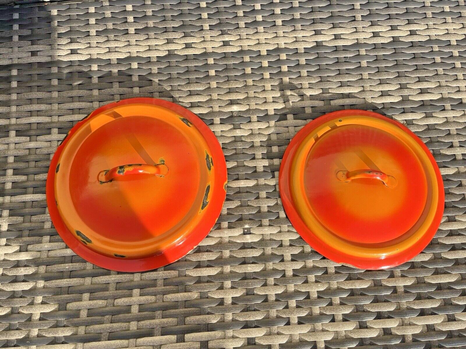 Home Decor 2 Mid Century 60's French Orange Luma Enamel Saucepans Retro Vintage Kitchen 50s photo