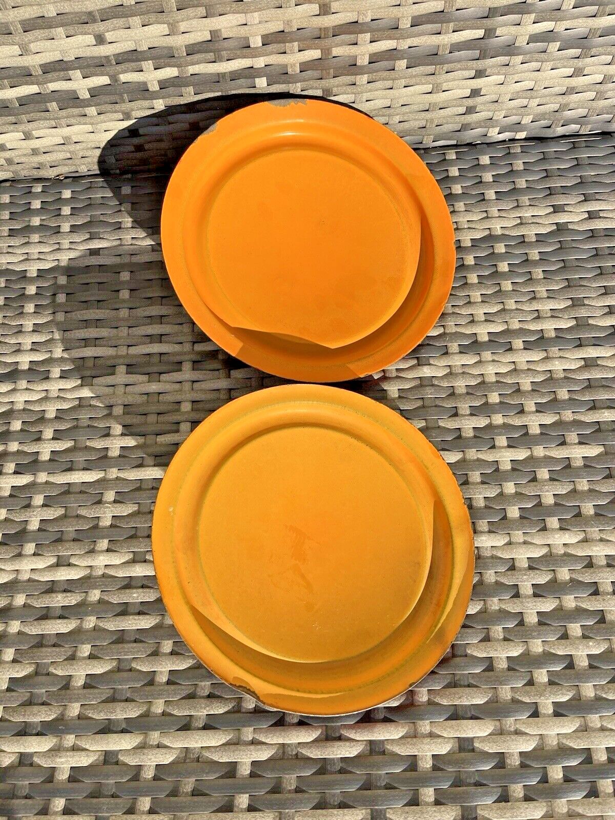 75.0 2 Mid Century 60's French Orange Luma Enamel Saucepans Retro Vintage Kitchen 50s photo