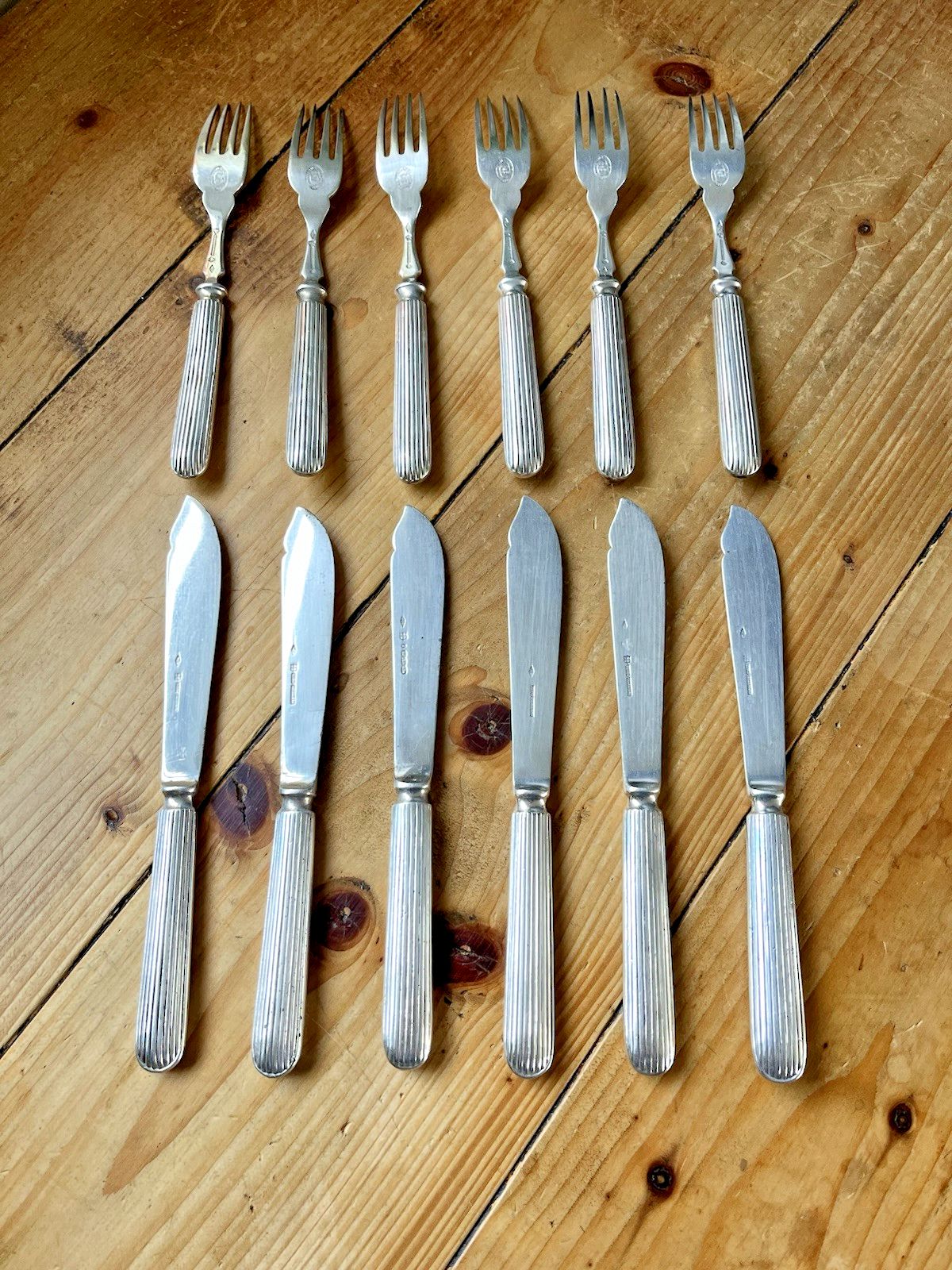 Set Of 6 Antique William Hutton Titanic Reeded Cutlery Set Plated Knifes & Forks photo for sale