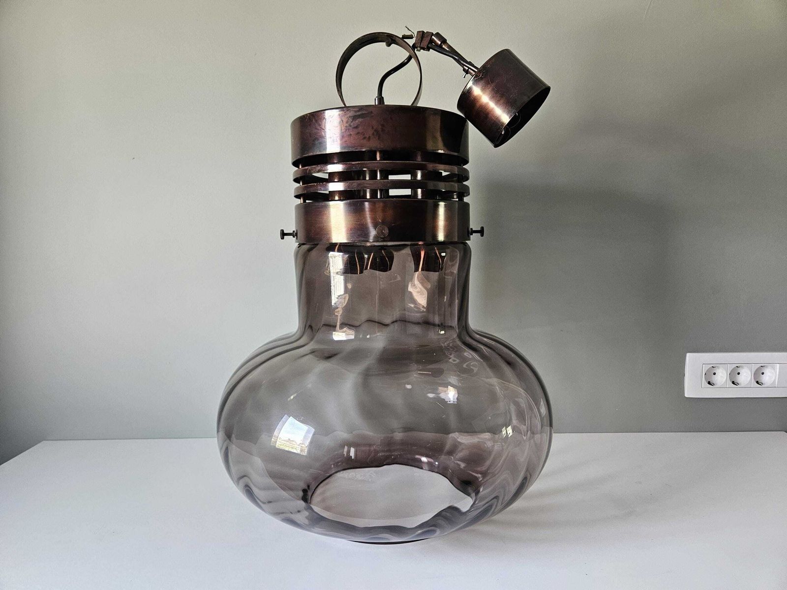 Xxl Vintage Chandelier, Copper Light Fixture, Yugoslavia 70's, Glass And Copper Ceiling Lamp, Mid Century Modern Pendant Light, Mcm