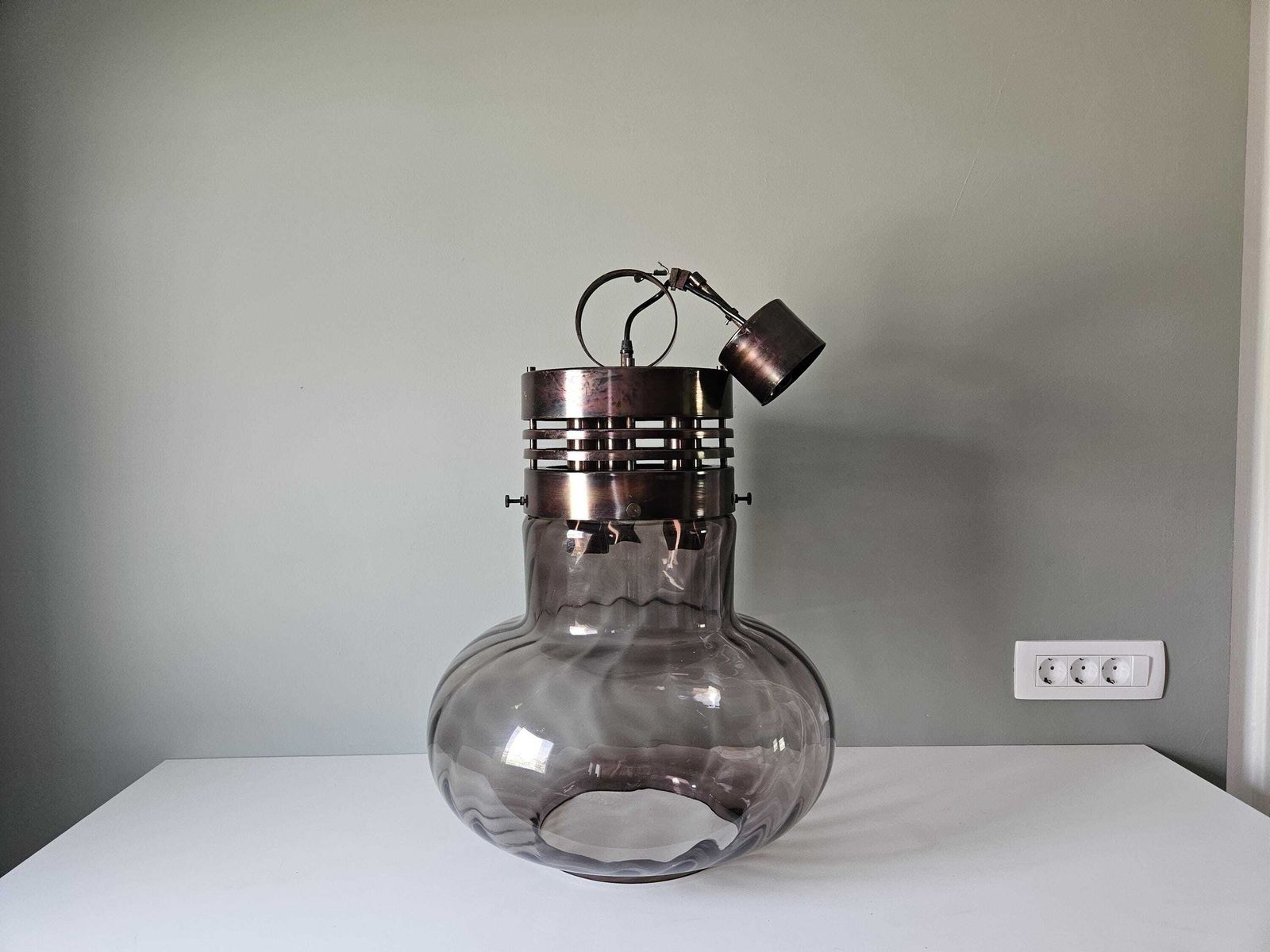 Xxl Vintage Chandelier, Copper Light Fixture, Yugoslavia 70's, Glass And Copper Ceiling Lamp, Mid Century Modern Pendant Light, Mcm photo furniture