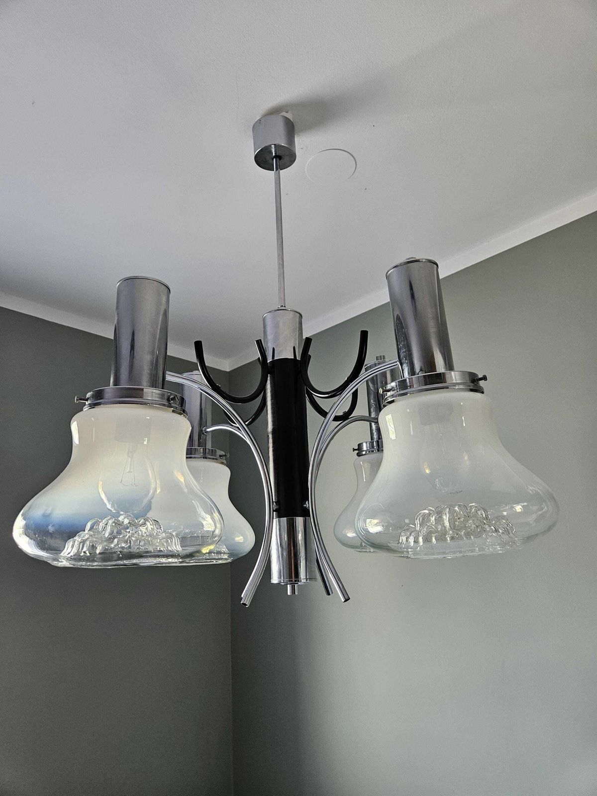 Vintage Chandelier, Space Age Lamp, Glass Pendant Light, Mcm Ceiling Lamp, 70s, Chrome Chandelier, Mazzega Light Fixture, Mid Century Modern photo furniture