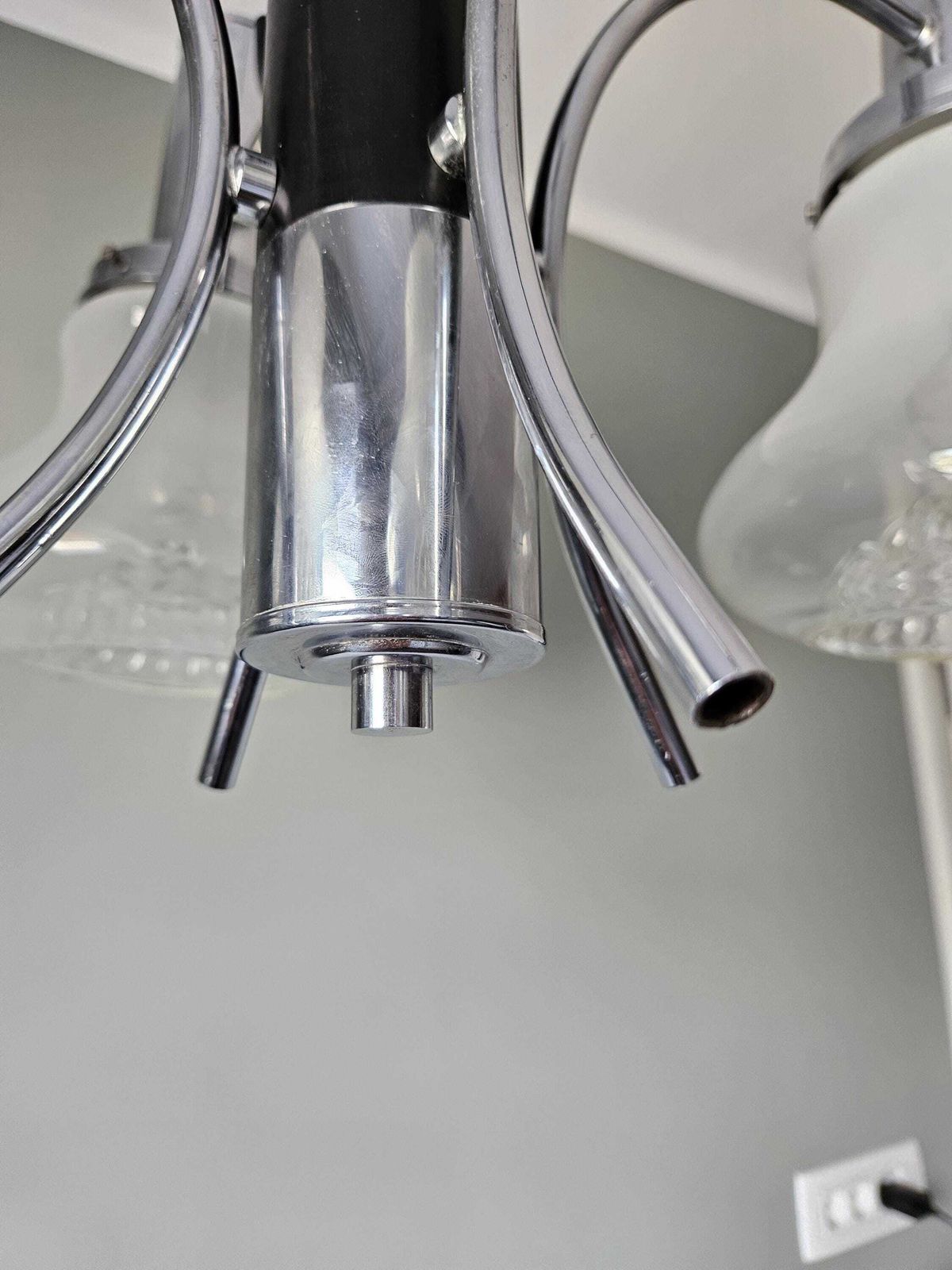 Vintage Chandelier, Space Age Lamp, Glass Pendant Light, Mcm Ceiling Lamp, 70s, Chrome Chandelier, Mazzega Light Fixture, Mid Century Modern photo for sale