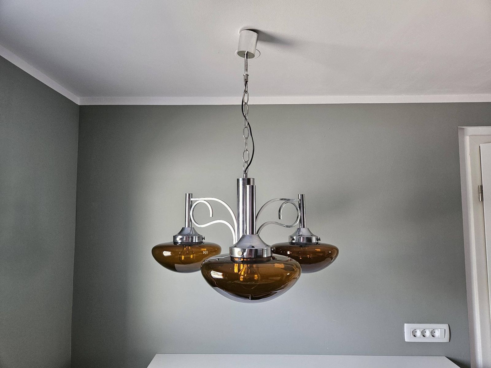 Vintage Chandelier, Space Age Lamp, Amber Glass Pendant Light, Mcm Ceiling Lamp, 70s, Chrome Chandelier, Light Fixture, Mid Century Modern