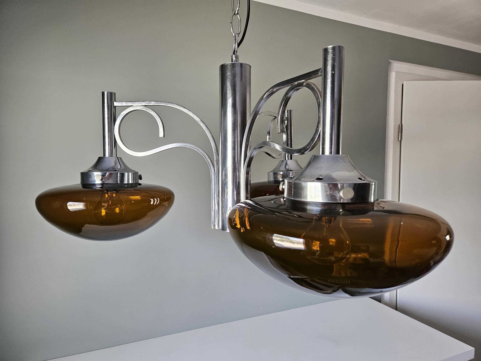 Vintage Chandelier, Space Age Lamp, Amber Glass Pendant Light, Mcm Ceiling Lamp, 70s, Chrome Chandelier, Light Fixture, Mid Century Modern photo Lighting