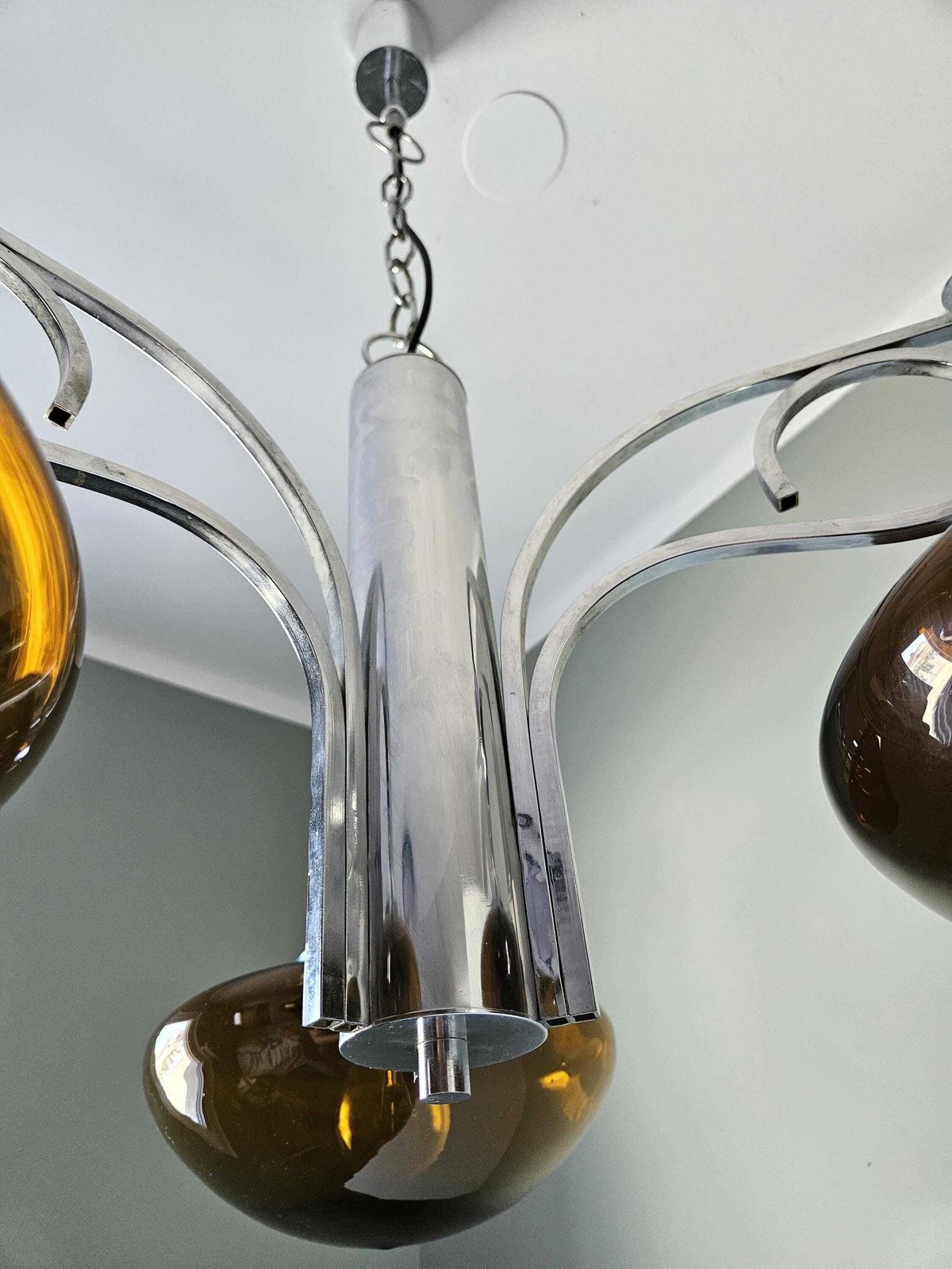 Vintage Chandelier, Space Age Lamp, Amber Glass Pendant Light, Mcm Ceiling Lamp, 70s, Chrome Chandelier, Light Fixture, Mid Century Modern photo buy