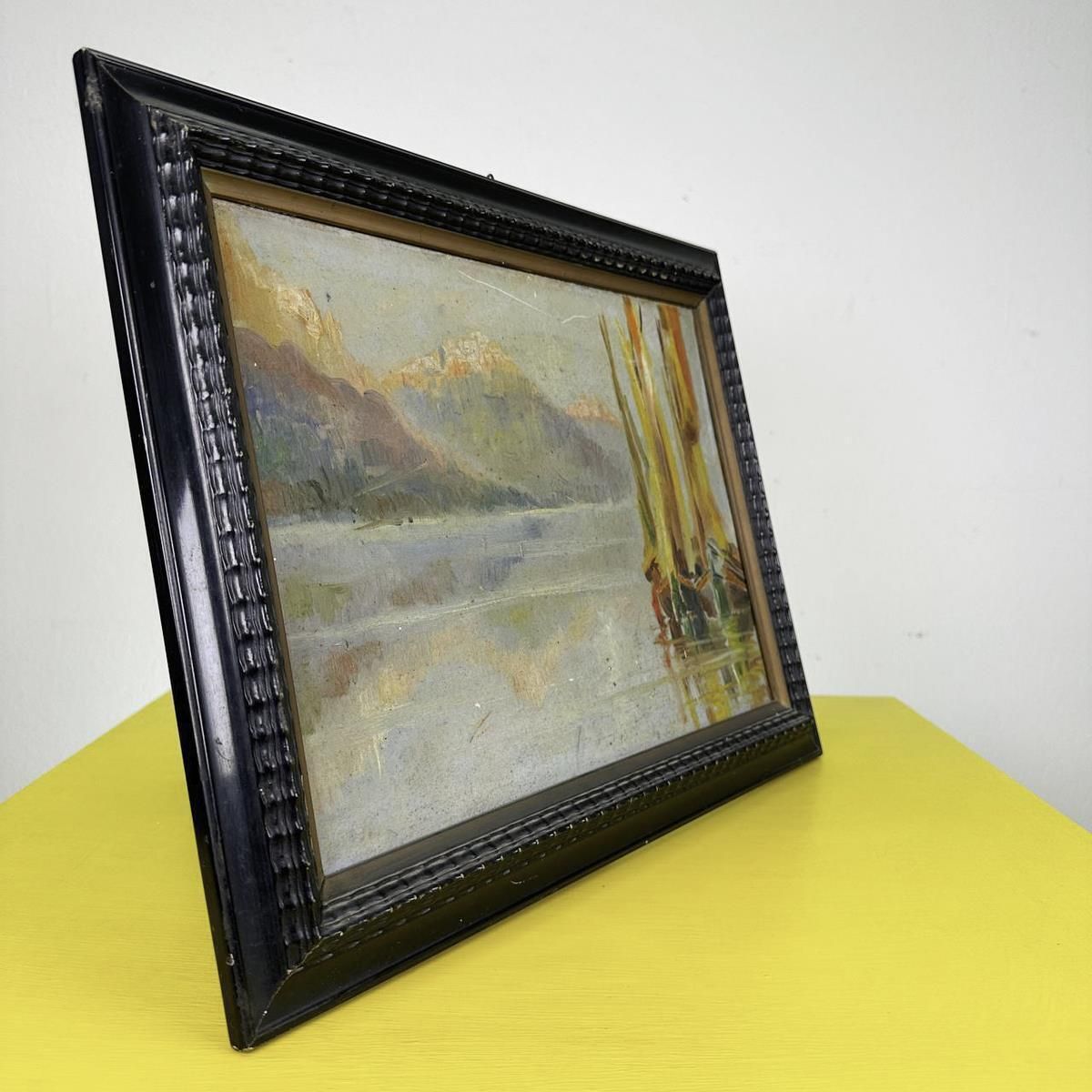 Vintage Ebonized Rippled Wooden Frame With Landscape Painting On Panel photo 82.0