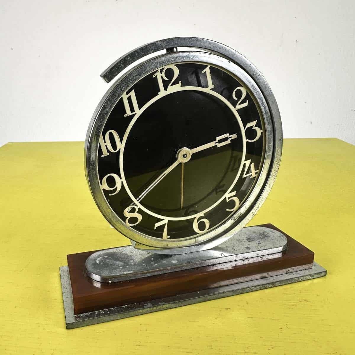 Vintage Germany Table Clock In Metal And Glass, 1930s Deco