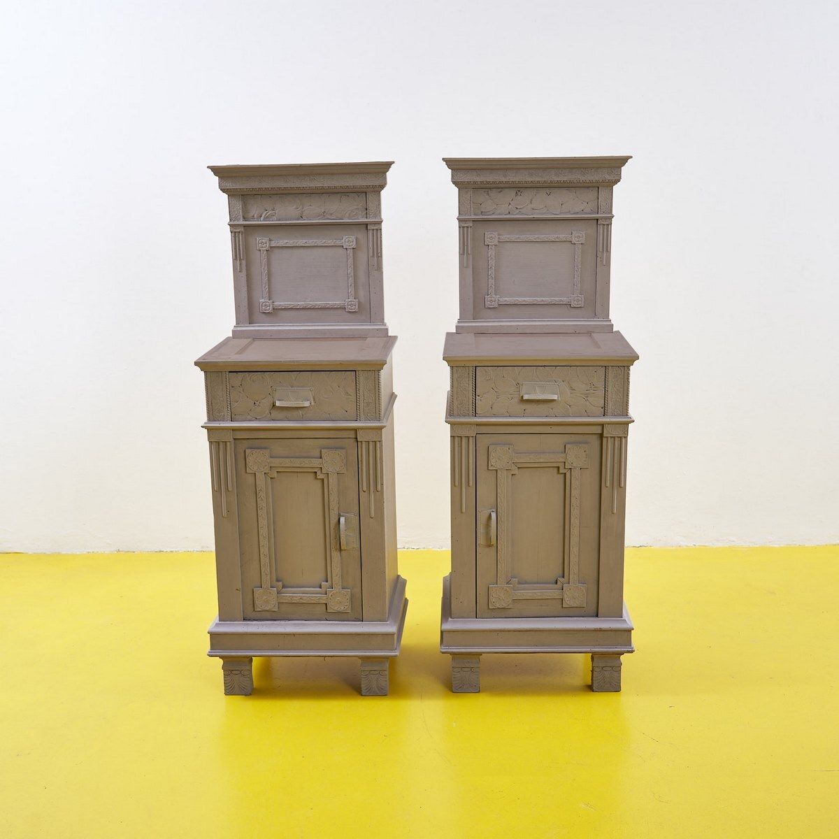 Pair Of Dove Grey Wooden Bedside Tables From The 40s
