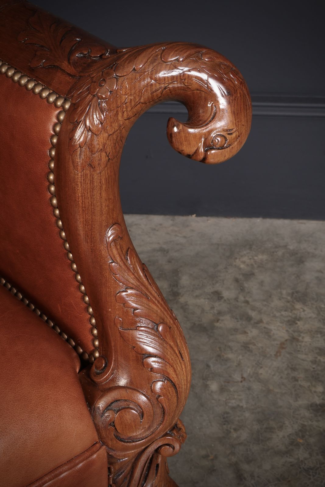 Pair Of Carved Mahogany & Leather Library Armchairs photo vinterior