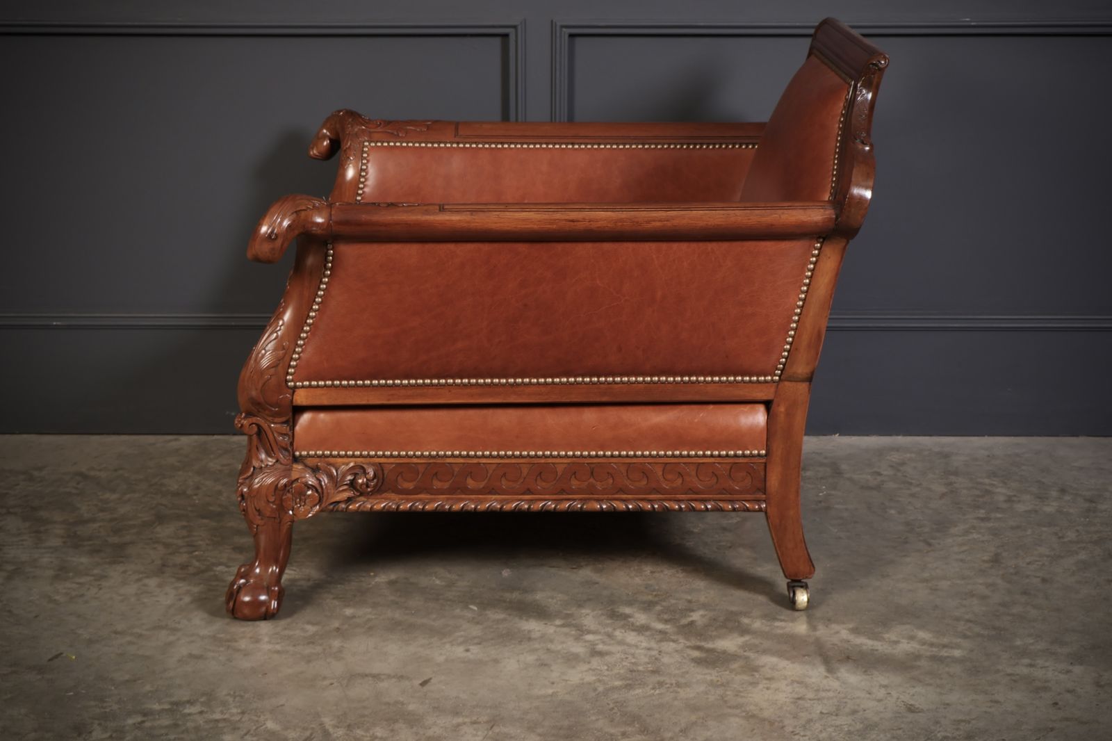 photo buy Pair Of Carved Mahogany & Leather Library Armchairs
