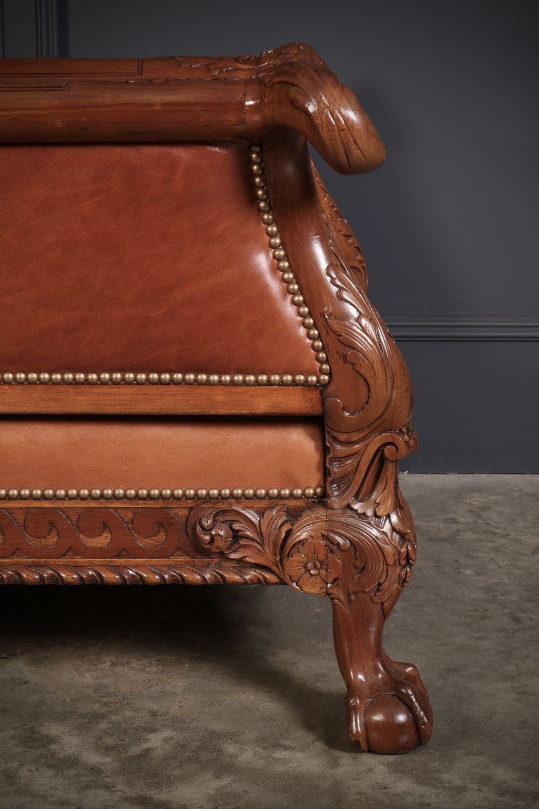 photo vintage Pair Of Carved Mahogany & Leather Library Armchairs