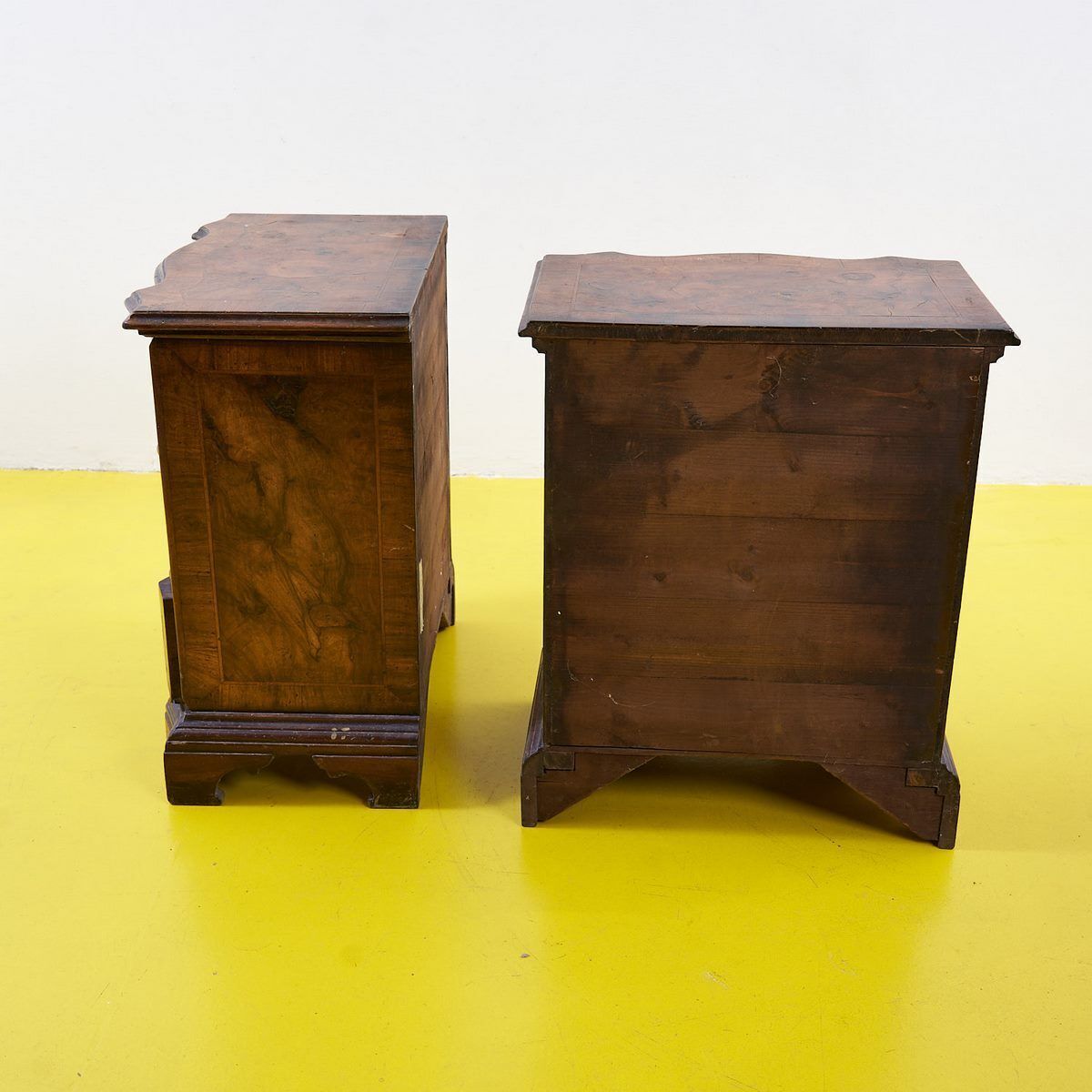 photo furniture Pair Of Vecchia Cerea Bedside Tables, Early 1900s, In Walnut Wood, Slabed And Threaded, With Three Mossi Drawers