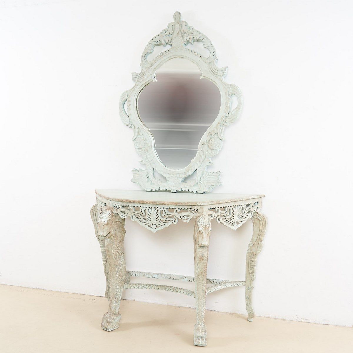 Console With Oriental Mirror, Mint Green With Dark Brown Shades