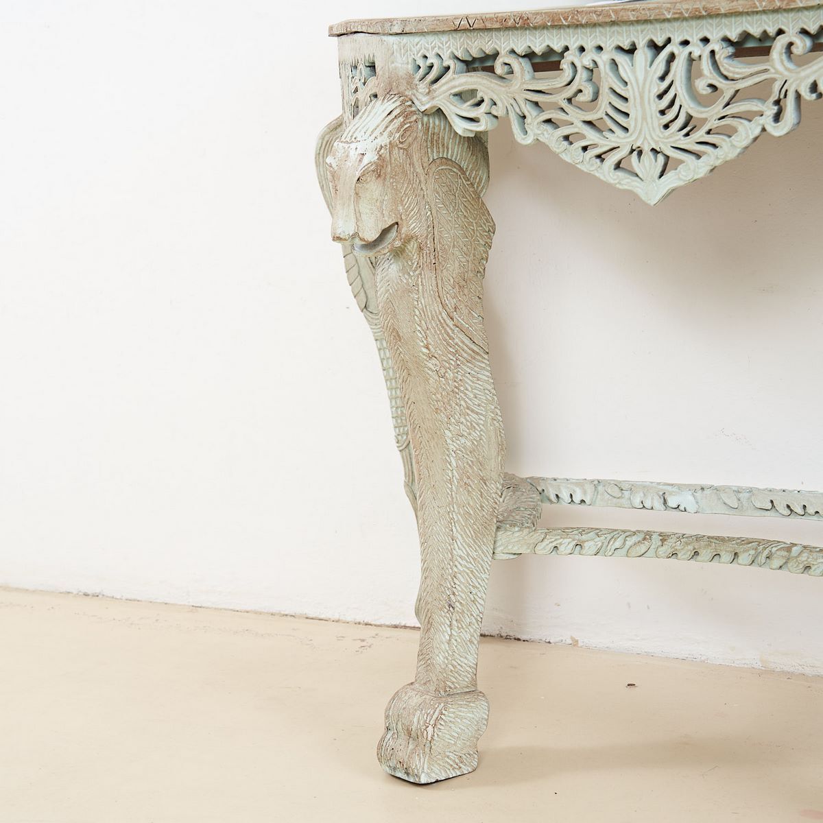 photo vintage Console With Oriental Mirror, Mint Green With Dark Brown Shades