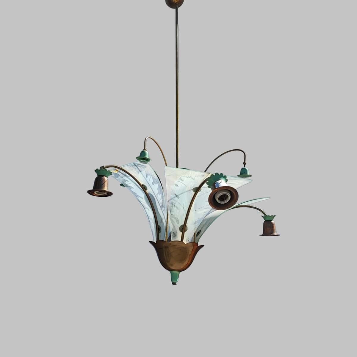 Elegant Chandelier From The 30s/40s In Metal And Silkscreened Glass