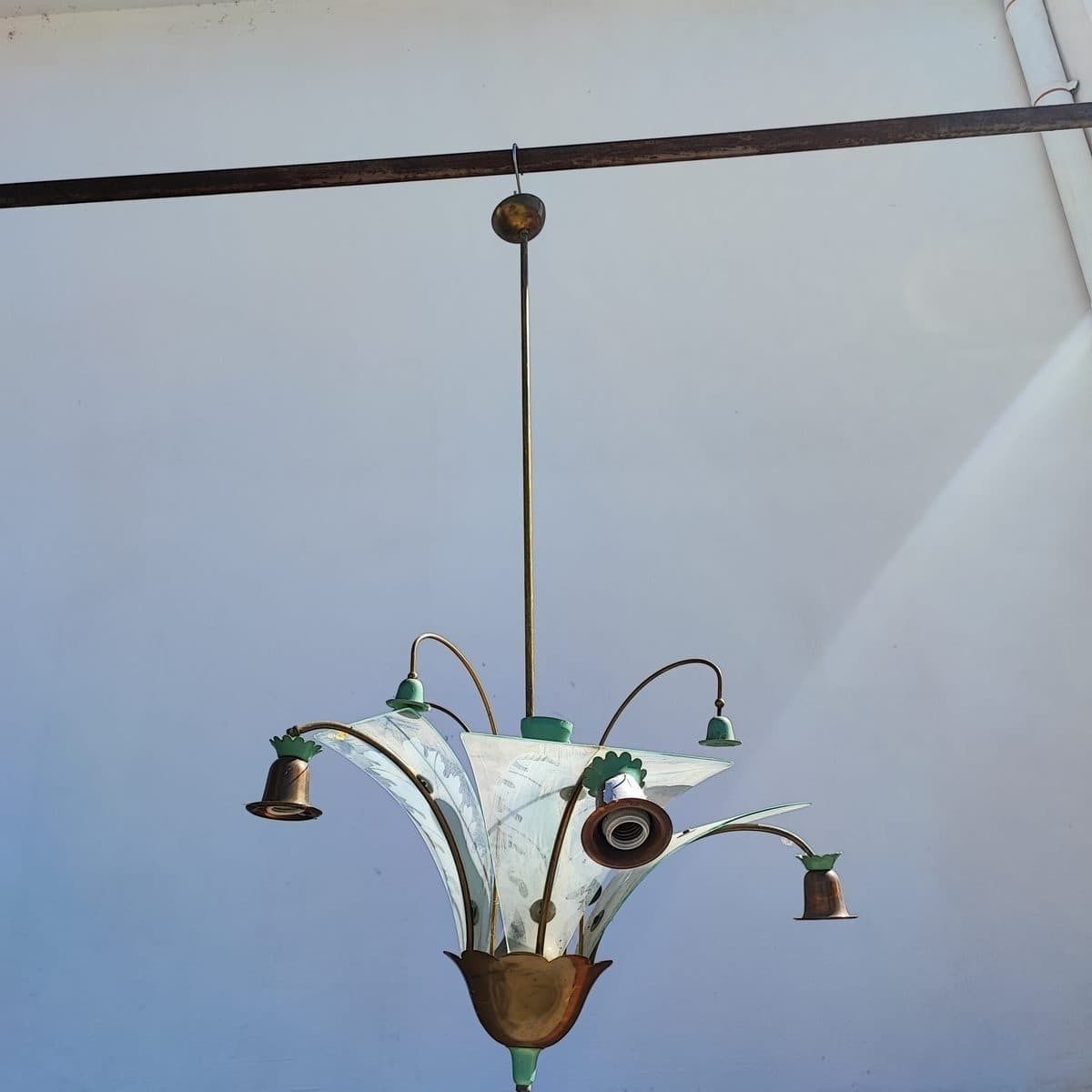 Elegant Chandelier From The 30s/40s In Metal And Silkscreened Glass photo furniture