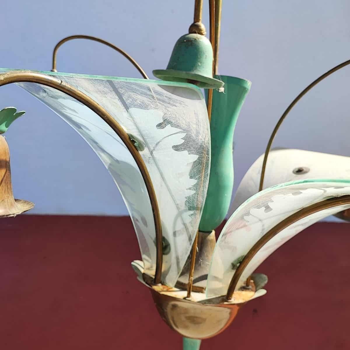 Elegant Chandelier From The 30s/40s In Metal And Silkscreened Glass photo Lighting