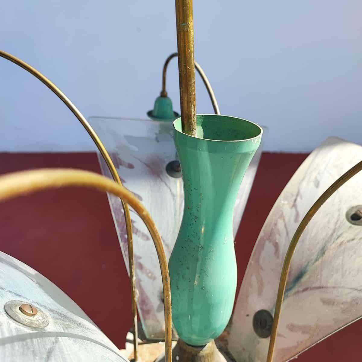 Elegant Chandelier From The 30s/40s In Metal And Silkscreened Glass photo 257.0