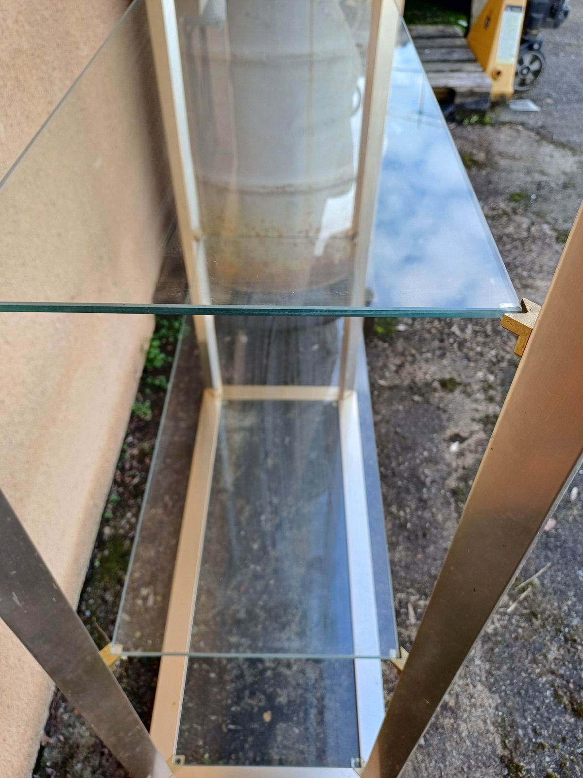 Vintage Shelving Unit In Gold Aluminum And Glass photo for sale