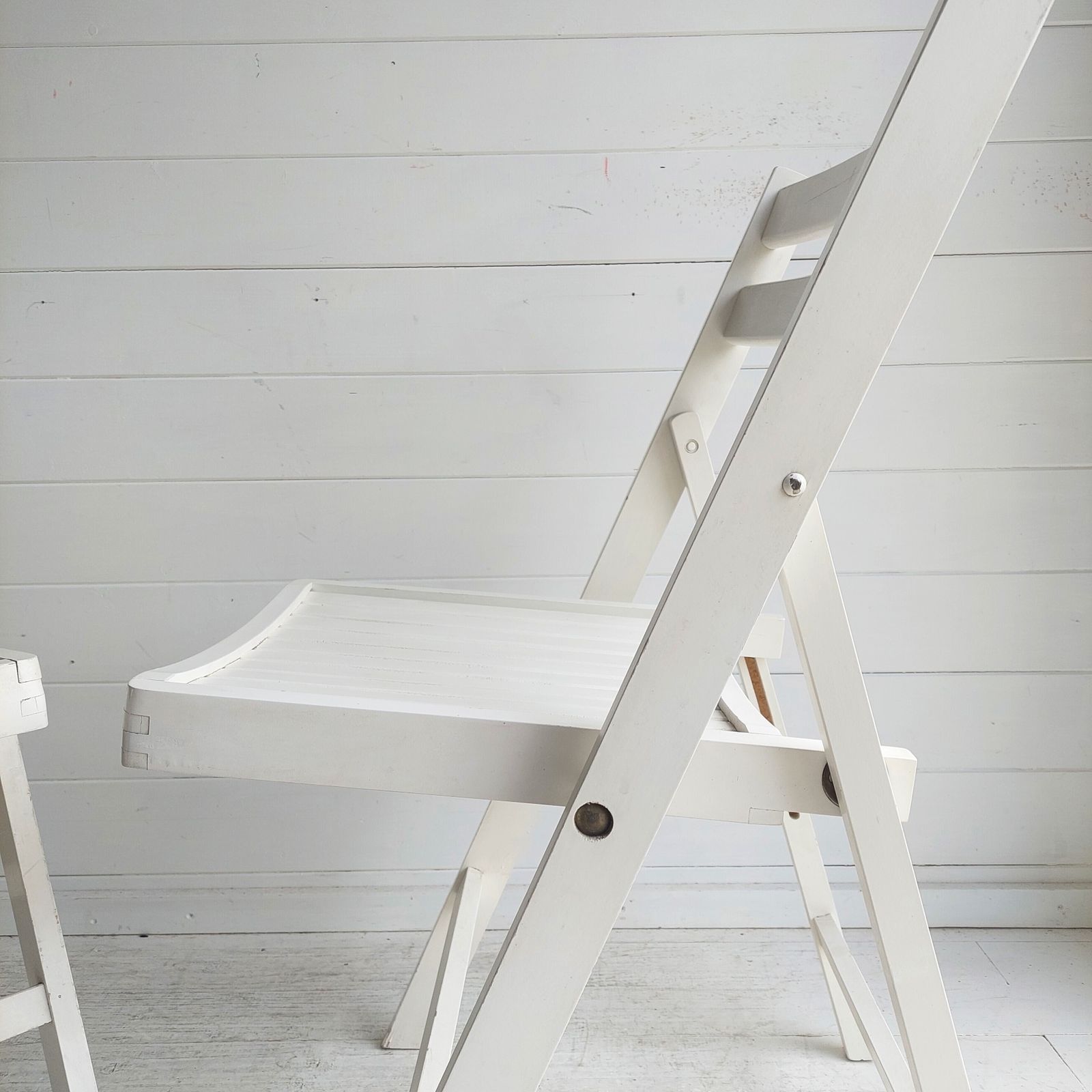 photo for sale Pair Of Mid Century Folding Chairs Vintage White Slat Dining Chairs 70s Set Of 2