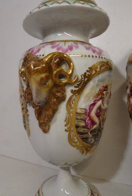 photo for sale Antique 19th Century Porcelain Medici Lidded Vases From Capodimonte, 1890s, Set Of 2