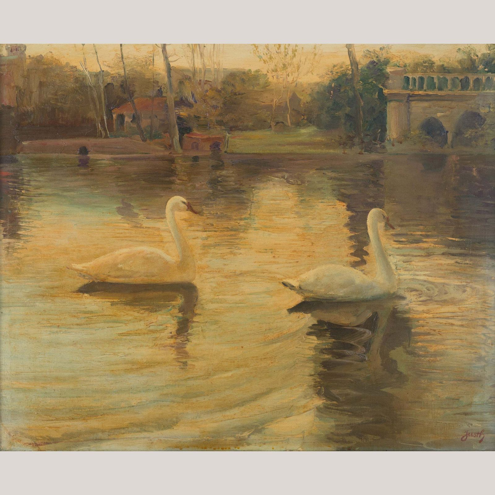 Swans On A Lake   Andrés Justh   Framed Oil On Canvas