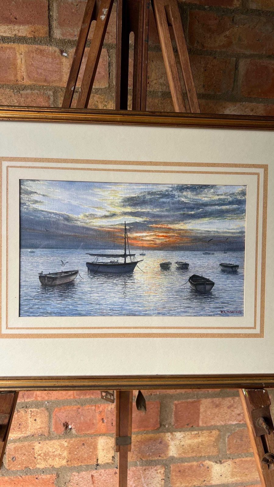 1983 Signed Watercolour Coastal Sunset Featuring Boats By R. L. Martin photo for sale