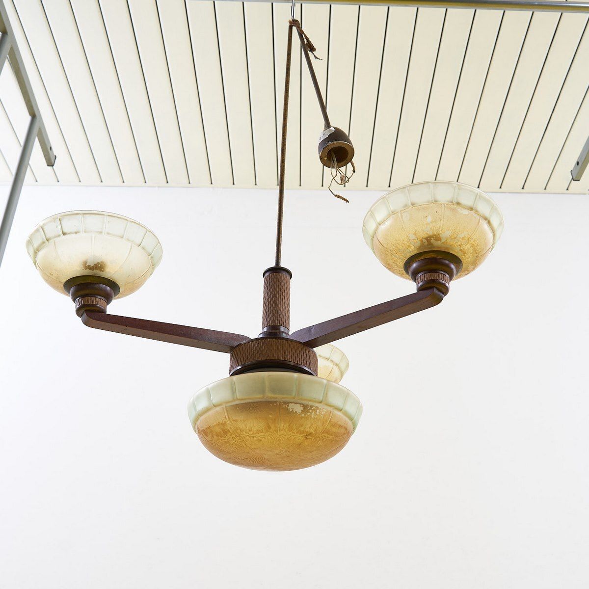 1940s Three Armed Wooden And Glass Chandelier photo vintage