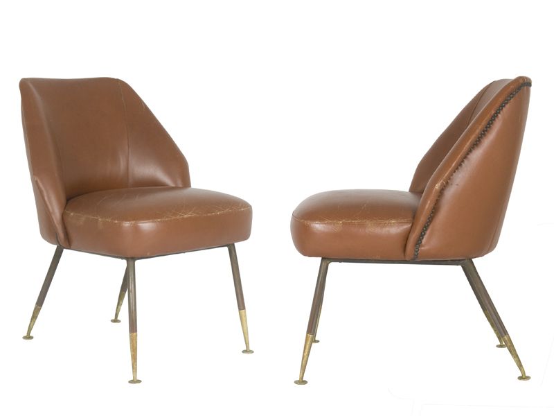 Set Of Campanula Armchairs In Brown Leather And Brass By Carlo Pagani For Arflex, 1952