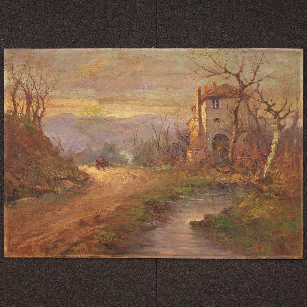 Landscape Signed Ferrari Oil On Board From The 1930s photo vintage