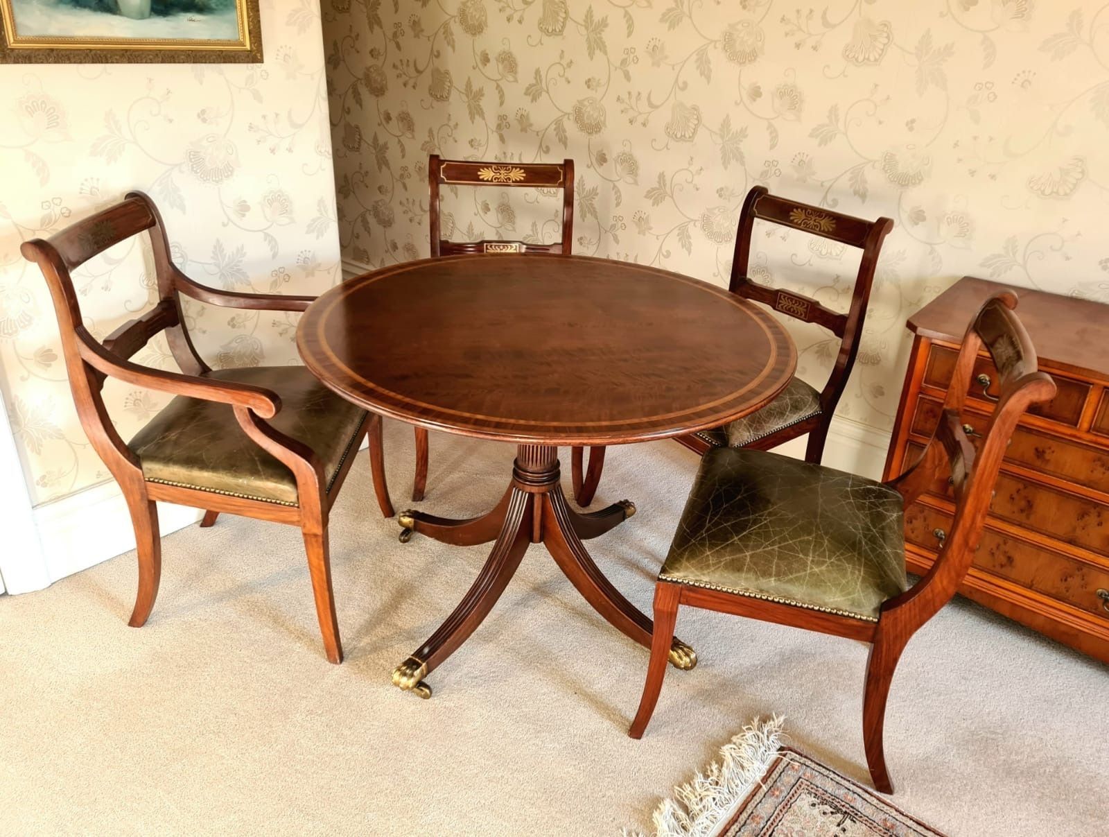 Beautiful Regency Style Mahogany And Leather Dining Table And Chairs (4seat)
