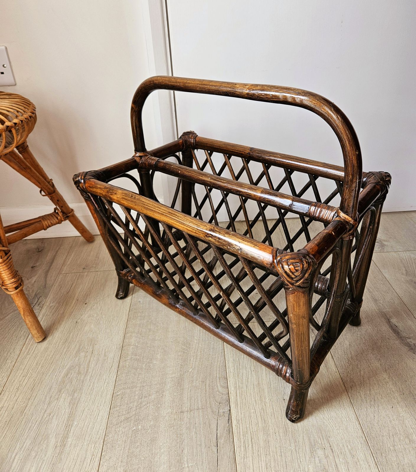 Large, Mid Century Magazine Rack In Dark Varnished Bamboo photo for sale