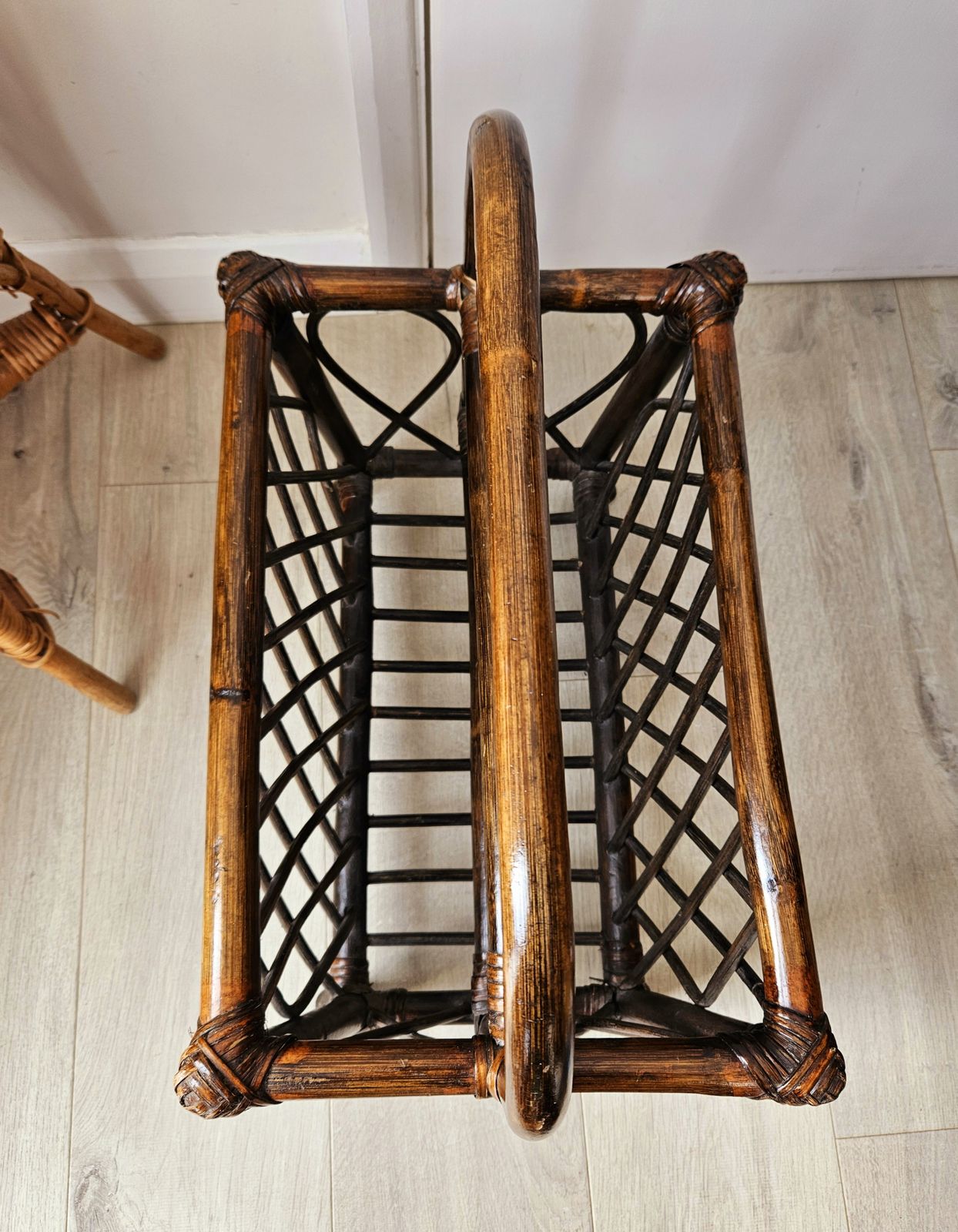 Large, Mid Century Magazine Rack In Dark Varnished Bamboo photo vinterior