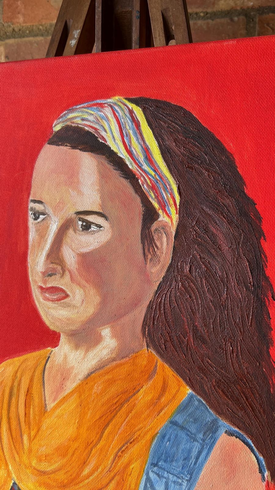 Contemporary Portrait Oil Painting Againt Red Background On Stretched Canvas photo vinterior